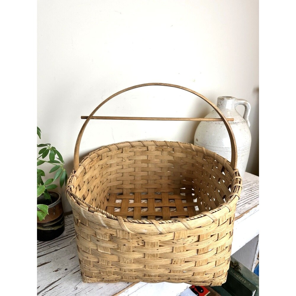Antique Unique Primitive Woven Wicker Sewing Basket W/String Handle Rustic 16”